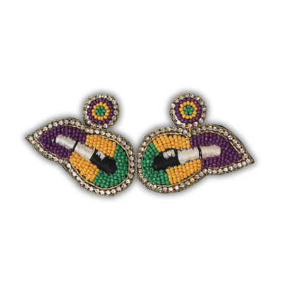 Mardi Gras Beaded Mask Earrings with Rhinestones - Mardi Gras Apparel