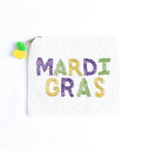 Mardi Gras Beaded Pouch – White with Multicolor Lettering - Mardi Gras Apparel - Accessories, Bags, Mardi Gras - Pouch