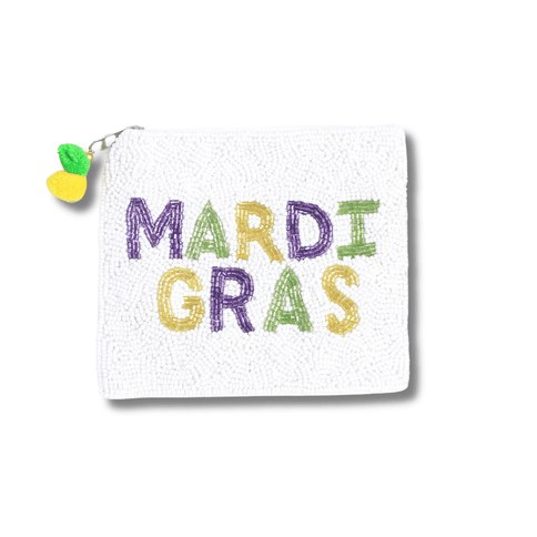 Mardi Gras Beaded Pouch – White with Multicolor Lettering - Mardi Gras Apparel - Accessories, Bags, Mardi Gras - Pouch