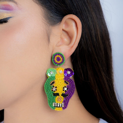 Mardi Gras Beaded Skull Earrings with Rhinestones - Mardi Gras Apparel - Accessories, Earrings, Mardi Gras - Mardi Gras Earrings