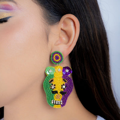 Mardi Gras Beaded Skull Earrings with Rhinestones - Mardi Gras Apparel