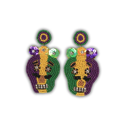 Mardi Gras Beaded Skull Earrings with Rhinestones - Mardi Gras Apparel - Accessories, Earrings, Mardi Gras - Mardi Gras Earrings