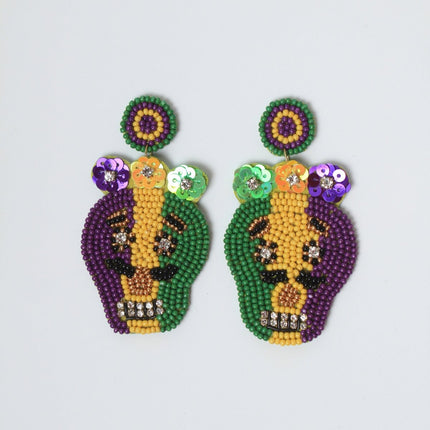 Mardi Gras Beaded Skull Earrings with Rhinestones - Mardi Gras Apparel - Accessories, Earrings, Mardi Gras - Mardi Gras Earrings