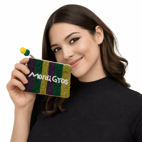 Mardi Gras Beaded Striped Pouch - Mardi Gras Apparel - Accessories, Bags, Mardi Gras - Pouch