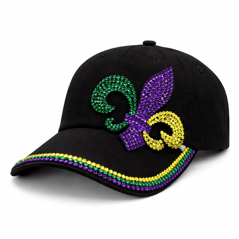 Mardi Gras Black Hat with Rhinestone Fleur - de - Lis Design - Mardi Gras Apparel - Accessories, accessory discount tier, Hats - Hats