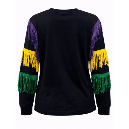 Mardi Gras Black Long Sleeve Fringe Tee - Mardi Gras Apparel - Adult, Block Letters, Front Design - Sweatshirt