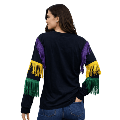 Mardi Gras Black Long Sleeve Fringe Tee - Mardi Gras Apparel - Adult, Block Letters, Front Design - Sweatshirt
