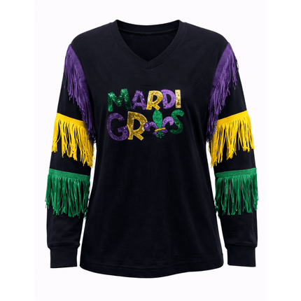 Mardi Gras Black Long Sleeve Fringe Tee - Mardi Gras Apparel - Adult, Block Letters, Front Design - Sweatshirt