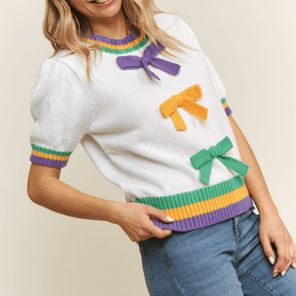 Mardi Gras Bow Detail Puff Sleeve Pullover Top - Mardi Gras Apparel - Adult, Ladies, Mardi Gras - Tops