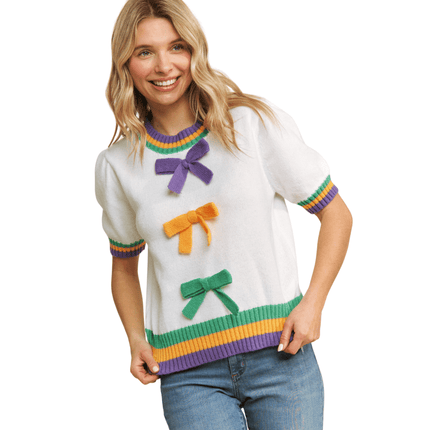 Mardi Gras Bow Detail Puff Sleeve Pullover Top - Mardi Gras Apparel - Adult, Ladies, Mardi Gras - Tops