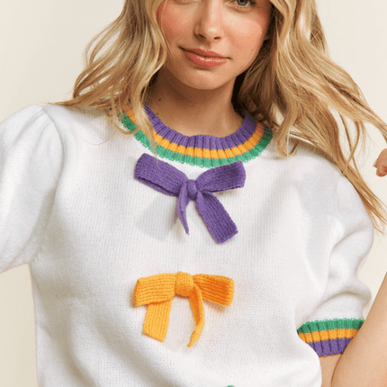 Mardi Gras Bow Detail Puff Sleeve Pullover Top - Mardi Gras Apparel - Adult, Ladies, Mardi Gras - Tops