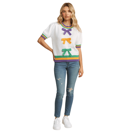 Mardi Gras Bow Detail Puff Sleeve Pullover Top - Mardi Gras Apparel - Adult, Ladies, Mardi Gras - Tops