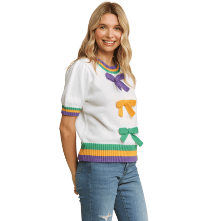 Mardi Gras Bow Detail Puff Sleeve Pullover Top - Mardi Gras Apparel - Adult, Ladies, Mardi Gras - Tops