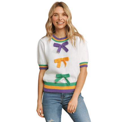 Mardi Gras Bow Detail Puff Sleeve Pullover Top - Mardi Gras Apparel - Adult, Ladies, Mardi Gras - Tops