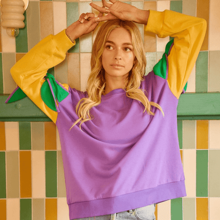 Mardi Gras Bow French Terry Sweatshirt - Mardi Gras Apparel - Adult, Bibi, Bibi Top Chart - Sweatshirt