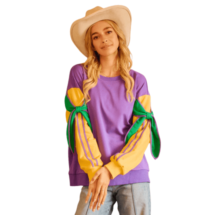 Mardi Gras Bow French Terry Sweatshirt - Mardi Gras Apparel - Adult, Bibi, Bibi Top Chart - Sweatshirt