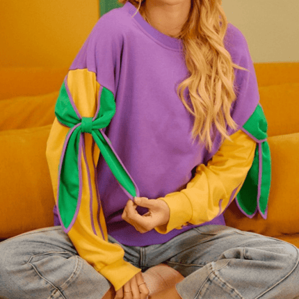 Mardi Gras Bow French Terry Sweatshirt - Mardi Gras Apparel - Adult, Bibi, Bibi Top Chart - Sweatshirt