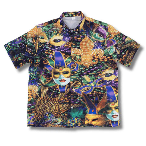 Mardi Gras Carnival Mask Short Sleeve Button - Up Shirt - Mardi Gras Apparel - Adult, Buttons up, Front Design -