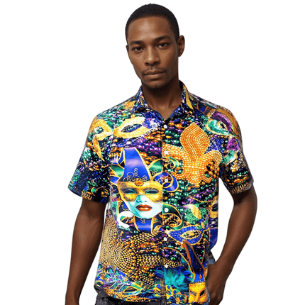 Mardi Gras Carnival Mask Short Sleeve Button - Up Shirt - Mardi Gras Apparel - Adult, Buttons up, Front Design - 