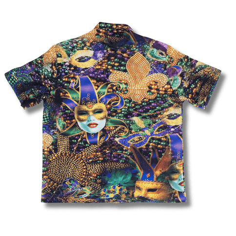 Mardi Gras Carnival Mask Short Sleeve Button - Up Shirt - Mardi Gras Apparel - Adult, Buttons up, Front Design -