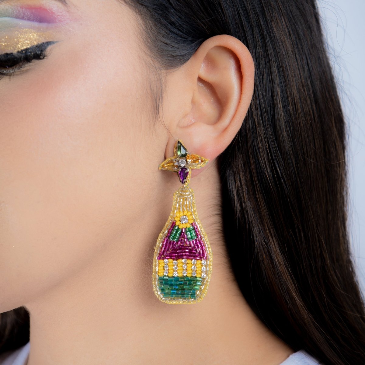 Mardi Gras Champagne Bottle Beaded Earrings with Rhinestones Top - Mardi Gras Apparel