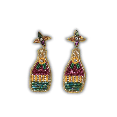 Mardi Gras Champagne Bottle Beaded Earrings with Rhinestones Top - Mardi Gras Apparel