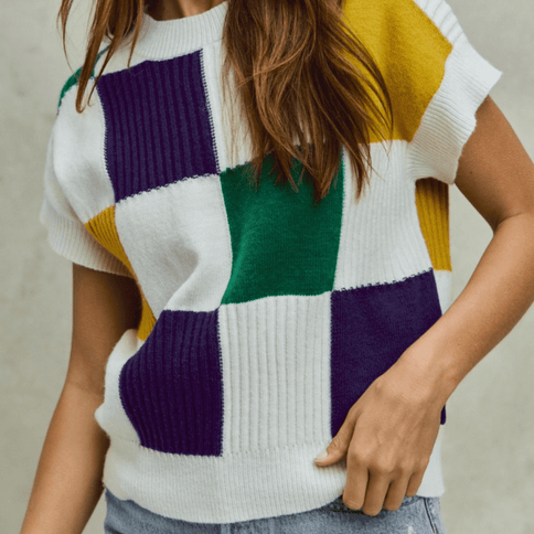 Mardi Gras Check Plaid Casual Sweater Ivory Top - Mardi Gras Apparel - Adult, Ladies, Mardi Gras - Sweater