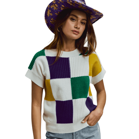 Mardi Gras Check Plaid Casual Sweater Ivory Top - Mardi Gras Apparel - Adult, Ladies, Mardi Gras - Sweater