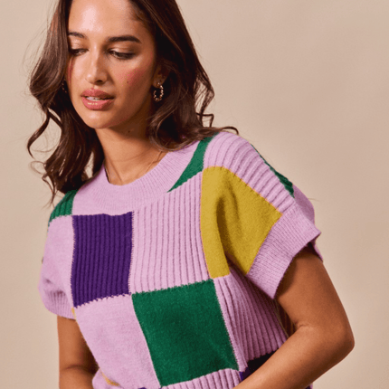 Mardi Gras Check Plaid Casual Sweater Lavender Top - Mardi Gras Apparel - Adult, apparel discount tier, Ladies - Sweater