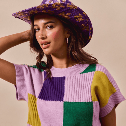 Mardi Gras Check Plaid Casual Sweater Lavender Top - Mardi Gras Apparel - Adult, apparel discount tier, Ladies - Sweater