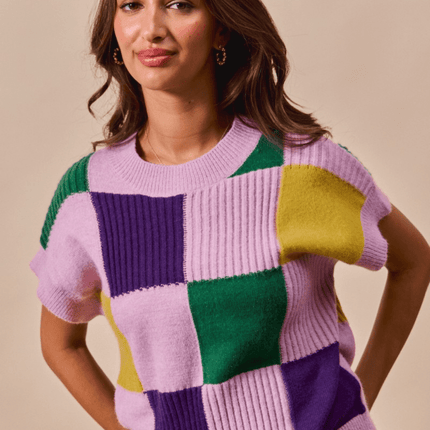 Mardi Gras Check Plaid Casual Sweater Lavender Top - Mardi Gras Apparel - Adult, apparel discount tier, Ladies - Sweater