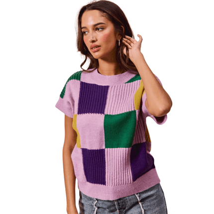 Mardi Gras Check Plaid Casual Sweater Lavender Top - Mardi Gras Apparel - Adult, apparel discount tier, Ladies - Sweater