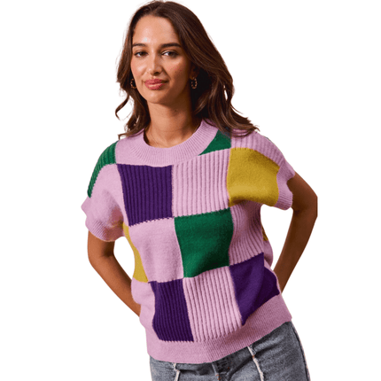 Mardi Gras Check Plaid Casual Sweater Lavender Top - Mardi Gras Apparel - Adult, apparel discount tier, Ladies - Sweater