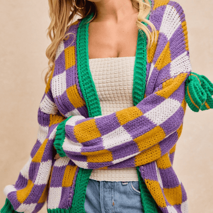 Mardi Gras Checker Board Front Open Cardigan - Mardi Gras Apparel - Adult, Bibi, Bibi Top Chart - Cardigan