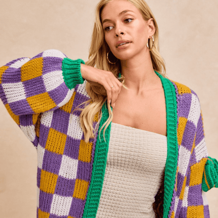 Mardi Gras Checker Board Front Open Cardigan - Mardi Gras Apparel - Adult, Bibi, Bibi Top Chart - Cardigan