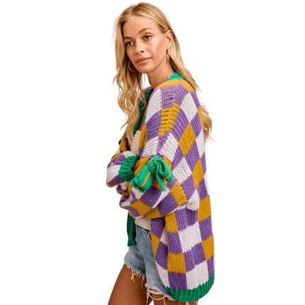 Mardi Gras Checker Board Front Open Cardigan - Mardi Gras Apparel - Adult, Bibi, Bibi Top Chart - Cardigan