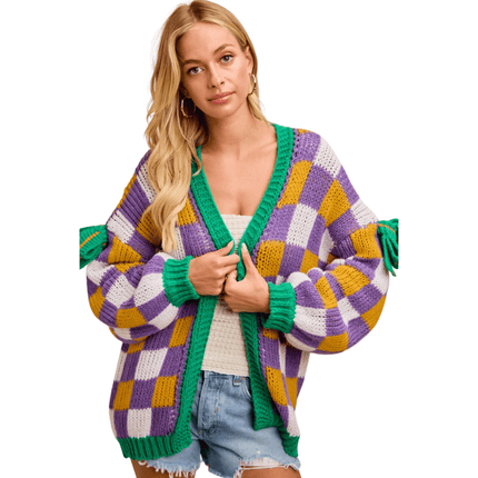 Mardi Gras Checker Board Front Open Cardigan - Mardi Gras Apparel - Adult, Bibi, Bibi Top Chart - Cardigan