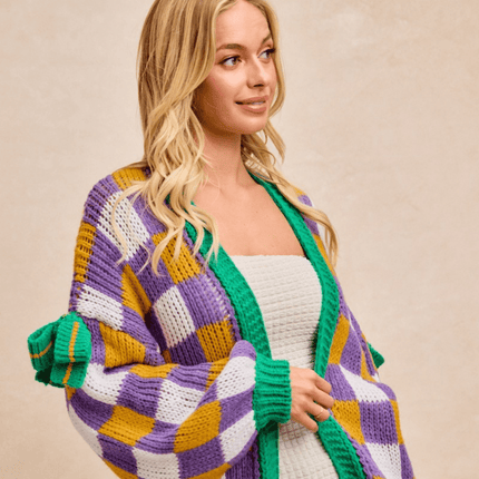 Mardi Gras Checker Board Front Open Cardigan - Mardi Gras Apparel - Adult, Bibi, Bibi Top Chart - Cardigan