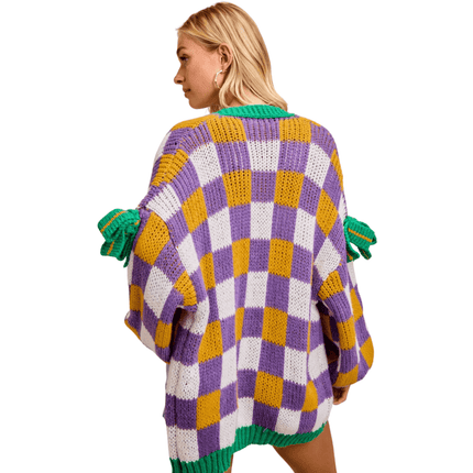 Mardi Gras Checker Board Front Open Cardigan - Mardi Gras Apparel - Adult, Bibi, Bibi Top Chart - Cardigan