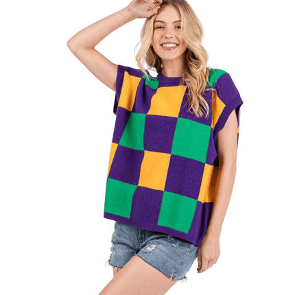 Mardi Gras Checkered Sweater Vest - Mardi Gras Apparel - Adult, Ladies, Short Sleeve - Sweatshirt