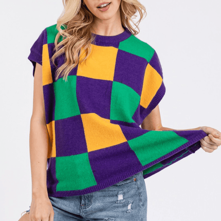 Mardi Gras Checkered Sweater Vest - Mardi Gras Apparel - Adult, Ladies, Short Sleeve - Sweatshirt