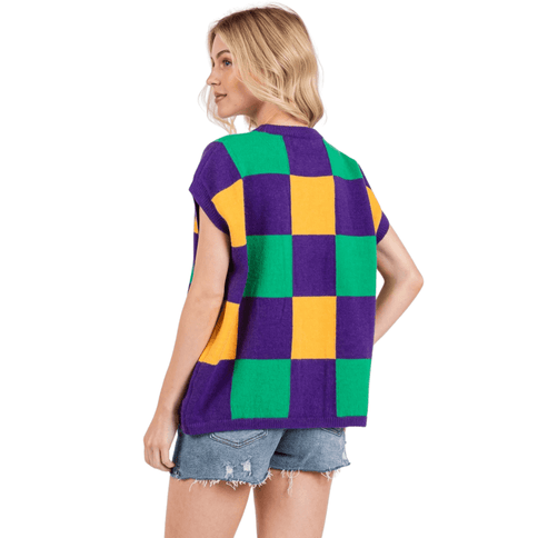 Mardi Gras Checkered Sweater Vest - Mardi Gras Apparel - Adult, Ladies, Short Sleeve - Sweatshirt