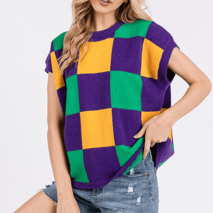 Mardi Gras Checkered Sweater Vest - Mardi Gras Apparel - Adult, Ladies, Short Sleeve - Sweatshirt