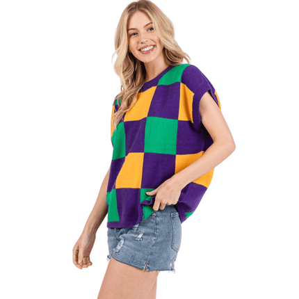 Mardi Gras Checkered Sweater Vest - Mardi Gras Apparel - Adult, Ladies, Short Sleeve - Sweatshirt