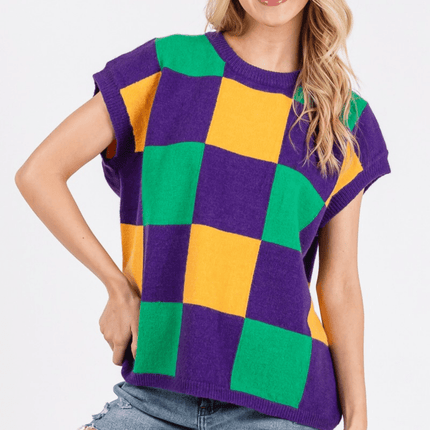 Mardi Gras Checkered Sweater Vest - Mardi Gras Apparel - Adult, Ladies, Short Sleeve - Sweatshirt