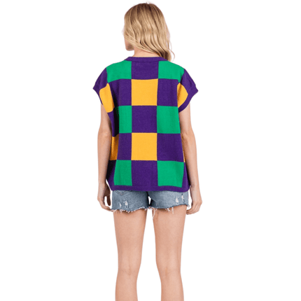 Mardi Gras Checkered Sweater Vest - Mardi Gras Apparel - Adult, Ladies, Short Sleeve - Sweatshirt