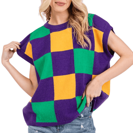 Mardi Gras Checkered Sweater Vest - Mardi Gras Apparel - Adult, Ladies, Short Sleeve - Sweatshirt