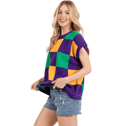 Mardi Gras Checkered Sweater Vest - Mardi Gras Apparel - Adult, Ladies, Short Sleeve - Sweatshirt