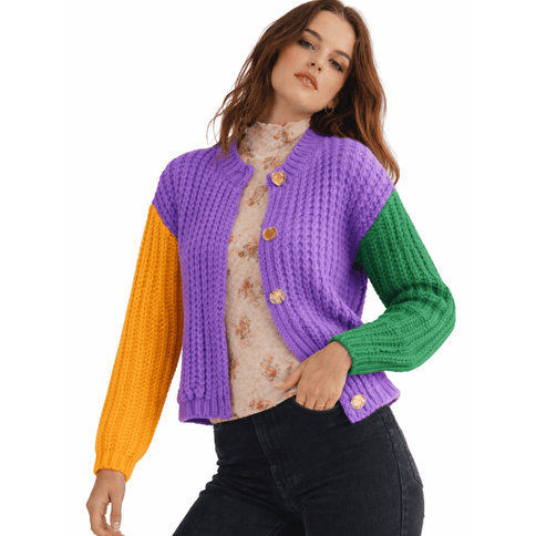 Mardi Gras Chunky Ribbed Sweater Cardigan - Mardi Gras Apparel - Adult, Bibi, Bibi Top Chart - Sweaters