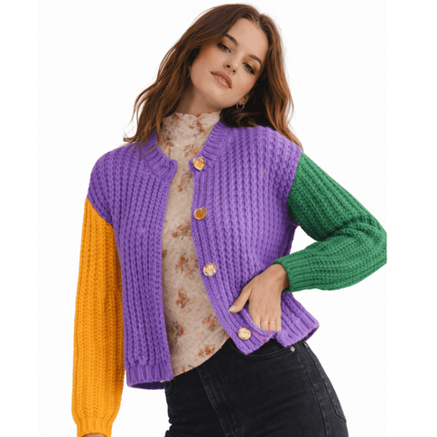 Mardi Gras Chunky Ribbed Sweater Cardigan - Mardi Gras Apparel - Adult, Bibi, Bibi Top Chart - Sweaters